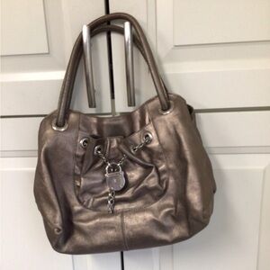 Furla Metallic Pewter Leather Tote Bag with Chain Accent
